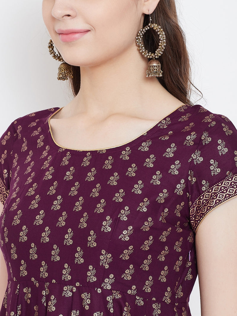 Poshak Hub Women Purple Cotton Golden Printed Anarkali Kurta.