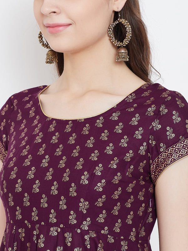 Poshak Hub Women Purple Cotton Golden Printed Anarkali Kurta.