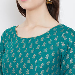 Poshak Hub Women Turquoise Cotton Golden Printed Anarkali Kurta.