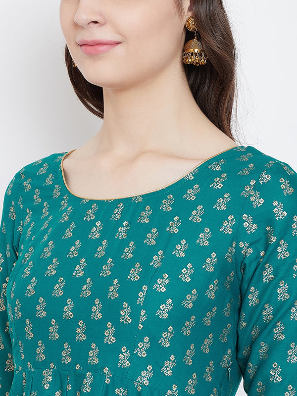Poshak Hub Women Turquoise Cotton Golden Printed Anarkali Kurta.