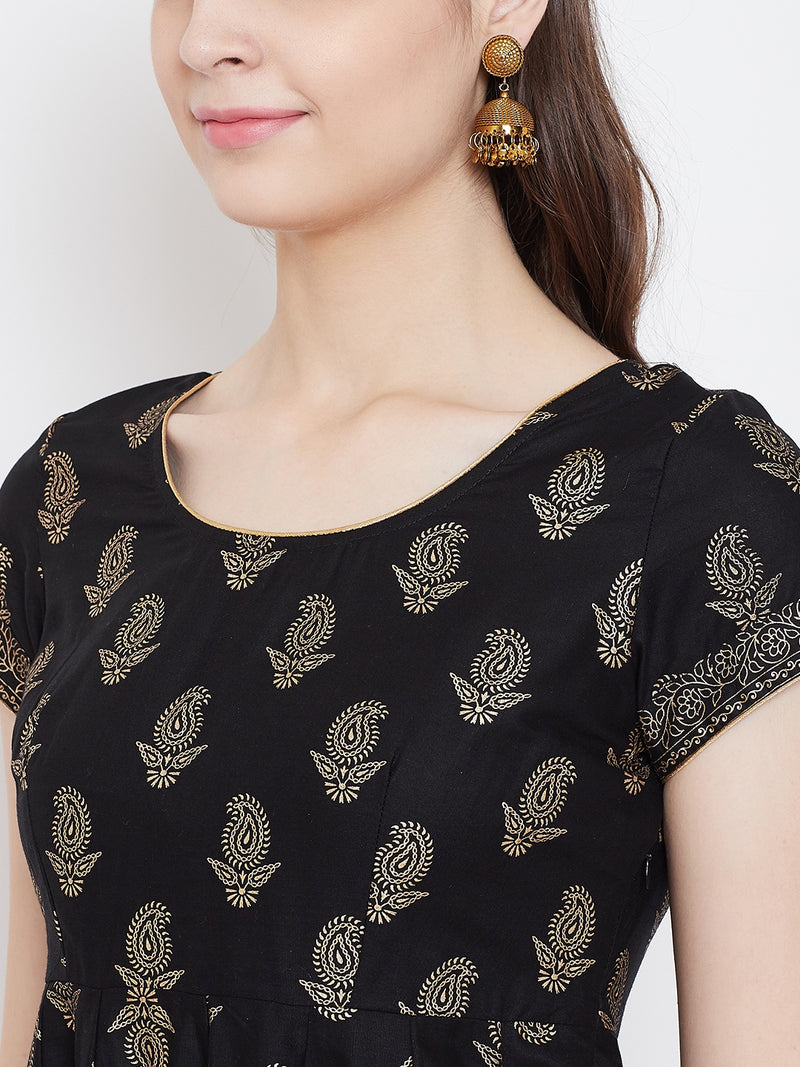 Poshak Hub Women Black Cotton Golden Printed Anarkali Kurta.