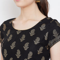 Poshak Hub Women Black Cotton Golden Printed Anarkali Kurta.