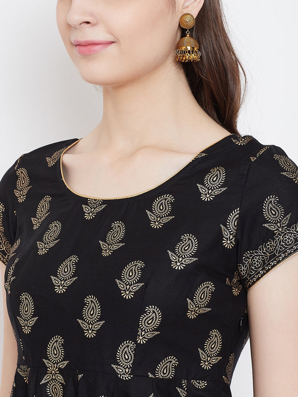 Poshak Hub Women Black Cotton Golden Printed Anarkali Kurta.
