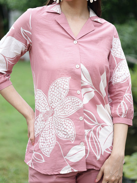 Women Pink Floral Printed Cotton Shirt & Wide Leg Trouser Co-Ord Set