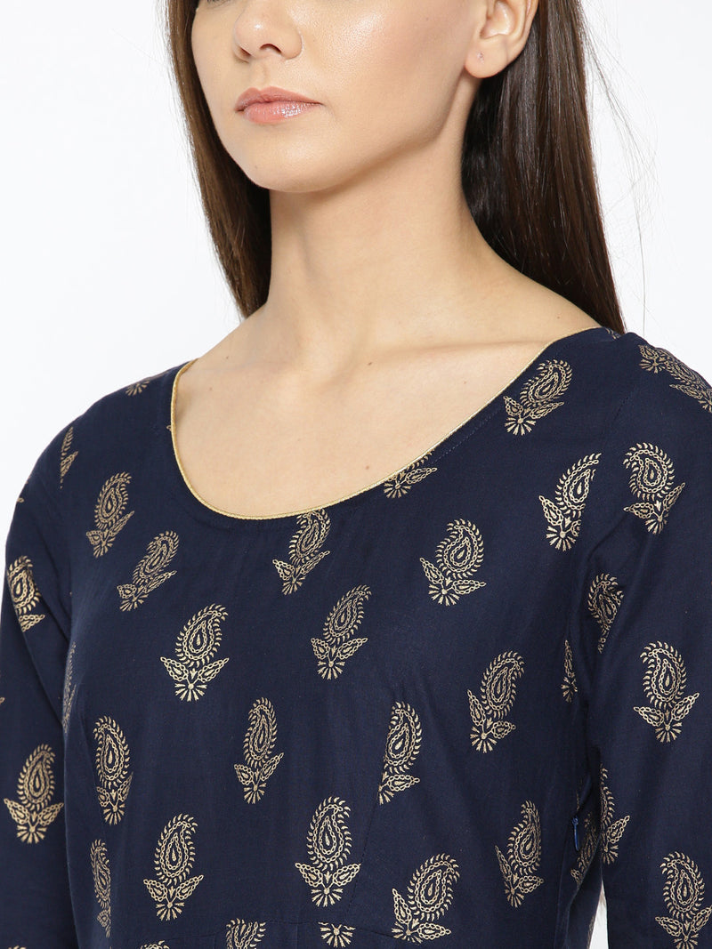 Poshak Hub Women Blue Cotton Golden Printed Anarkali Kurta.