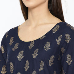 Poshak Hub Women Blue Cotton Golden Printed Anarkali Kurta.
