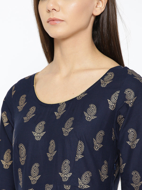 Poshak Hub Women Blue Cotton Golden Printed Anarkali Kurta.