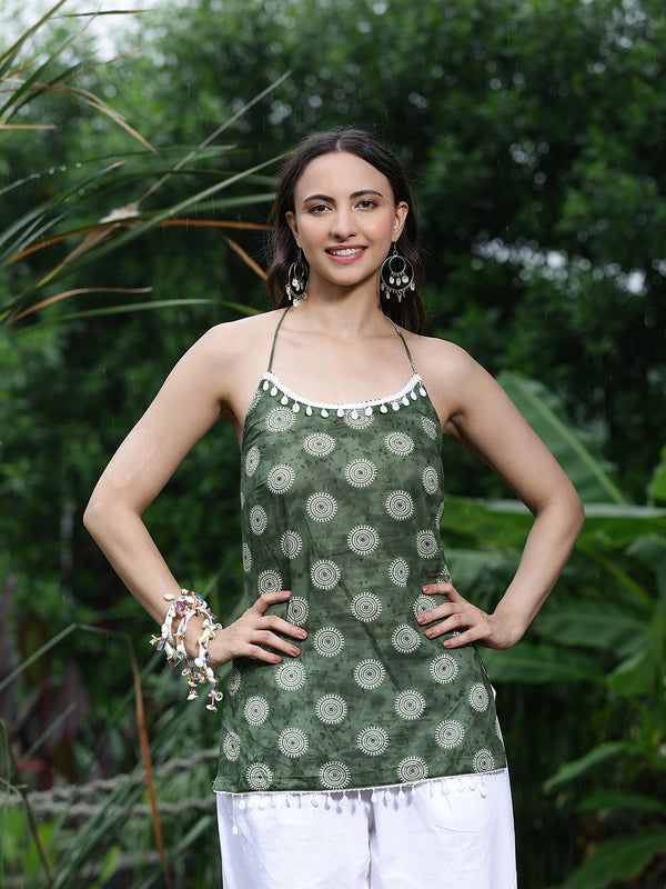 Women Olive Green Printed Sleeveless Shoulder Strap Tunic