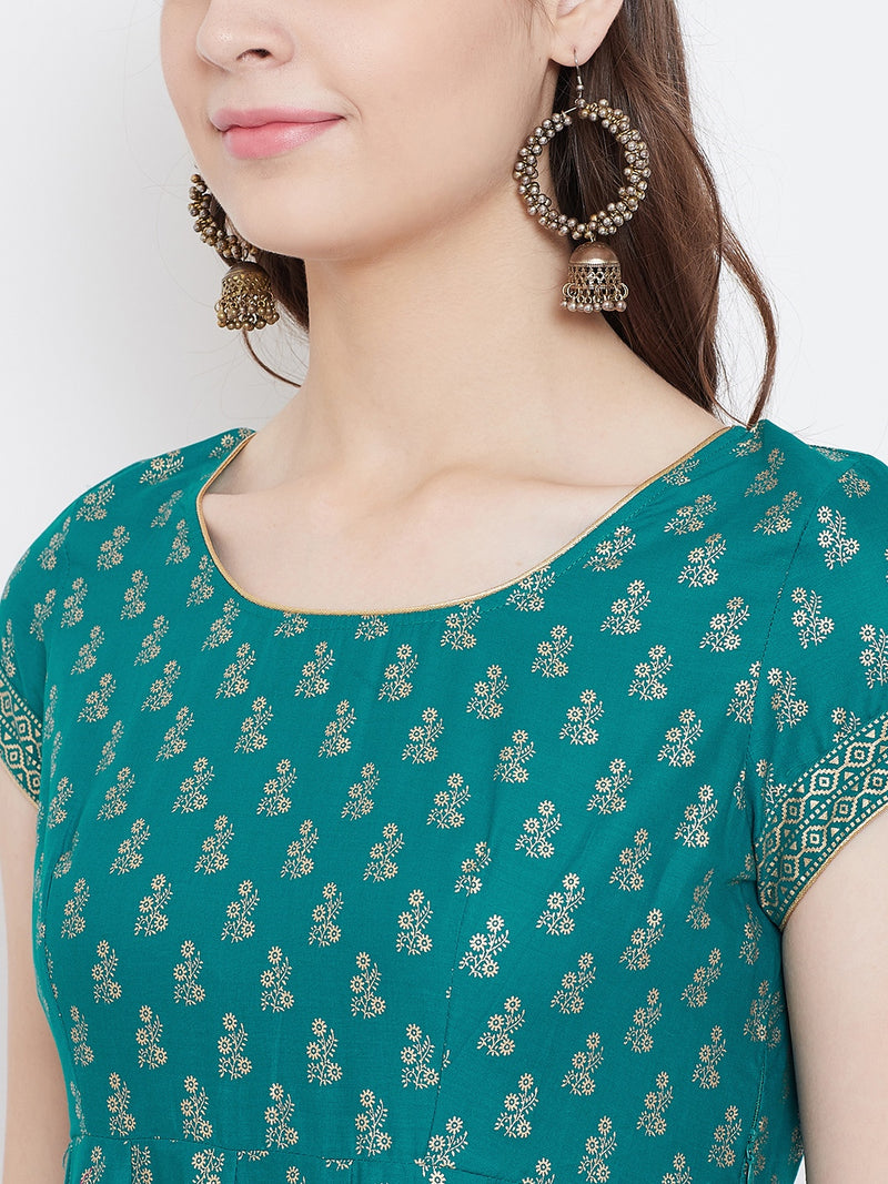 Poshak Hub Women Turquoise Cotton Golden Printed Anarkali Kurta.