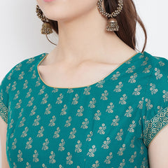 Poshak Hub Women Turquoise Cotton Golden Printed Anarkali Kurta.