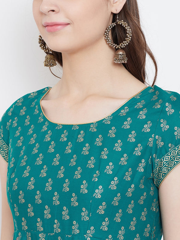 Poshak Hub Women Turquoise Cotton Golden Printed Anarkali Kurta.