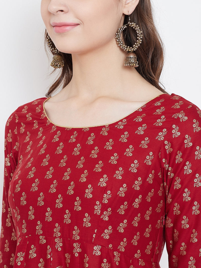 Poshak Hub Women Red Cotton Golden Printed Anarkali Kurta.