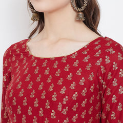 Poshak Hub Women Red Cotton Golden Printed Anarkali Kurta.