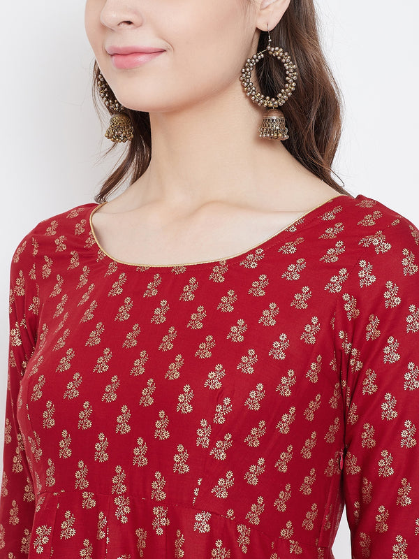 Poshak Hub Women Red Cotton Golden Printed Anarkali Kurta.