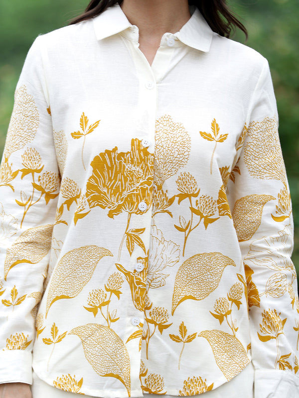 Women Beige Cotton Floral Printed Shirt & Wide Leg Trouser Co-Ord Set | Casual Botanical Print Co-Ord