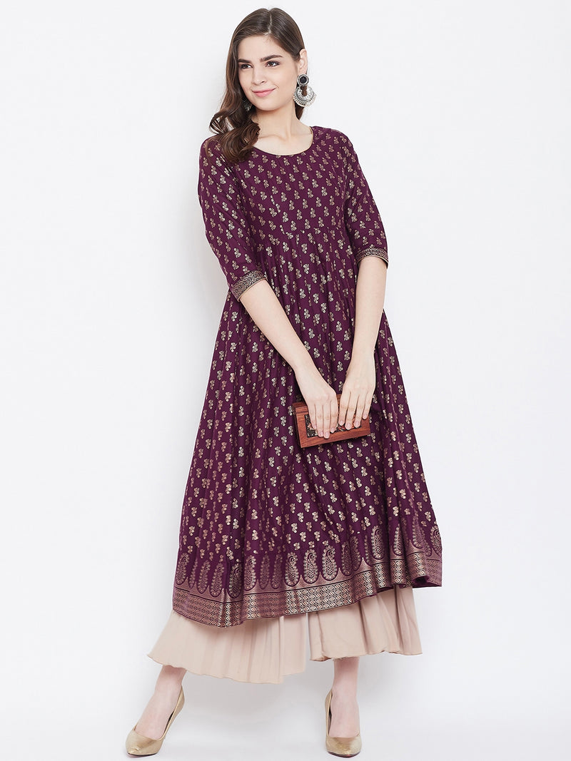 Poshak Hub Women Purple Cotton Golden Printed Anarkali Kurta.