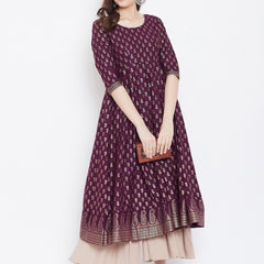 Poshak Hub Women Purple Cotton Golden Printed Anarkali Kurta.