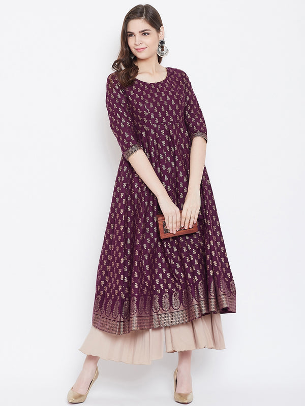 Poshak Hub Women Purple Cotton Golden Printed Anarkali Kurta.