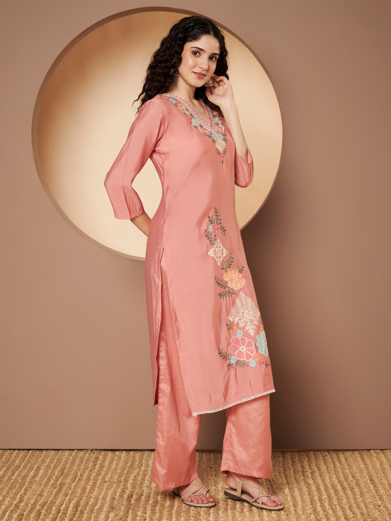 Women Peach Floral Aari Work Embroidered Kurta with Palazzo and Embroidered Dupatta