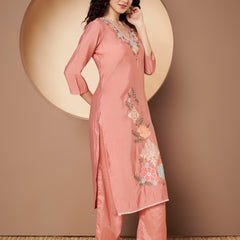 Women Peach Floral Aari Work Embroidered Kurta with Palazzo and Embroidered Dupatta