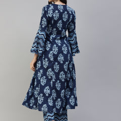 Poshak Hub Women Blue Cotton Printed Front Slit A-Line Kurta with Palazzo