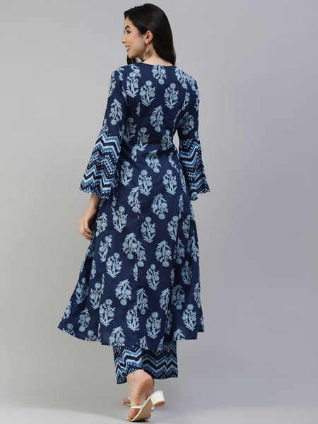 Poshak Hub Women Blue Cotton Printed Front Slit A-Line Kurta with Palazzo
