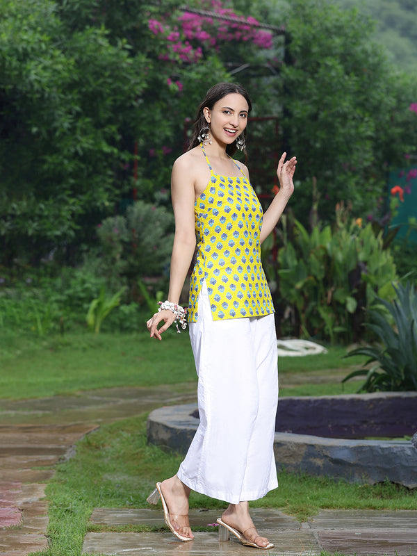 Women Yellow Ethnic Printed Halter Neck Tunic