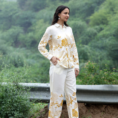 Women Beige Cotton Floral Printed Shirt & Wide Leg Trouser Co-Ord Set | Casual Botanical Print Co-Ord