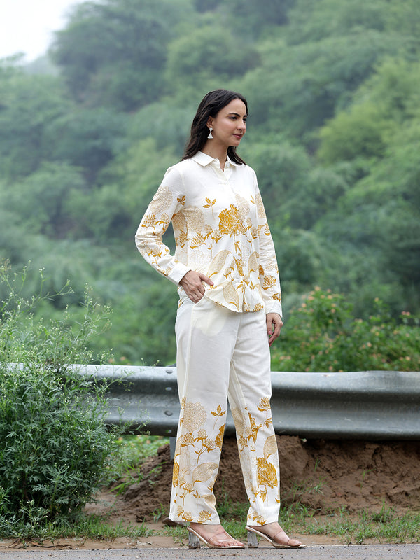 Women Beige Cotton Floral Printed Shirt & Wide Leg Trouser Co-Ord Set | Casual Botanical Print Co-Ord