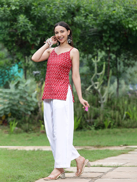 Women Red Ethnic Printed Sleeveless Tunic
