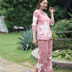 Women Pink Floral Printed Cotton Shirt & Wide Leg Trouser Co-Ord Set
