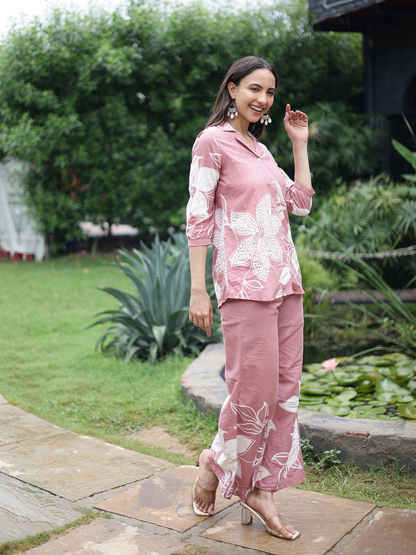 Women Pink Floral Printed Cotton Shirt & Wide Leg Trouser Co-Ord Set