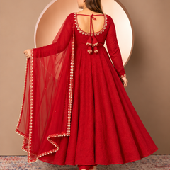 Red Anarkali Suit with Embroidered Neckline & Sheer Embellished Dupatta