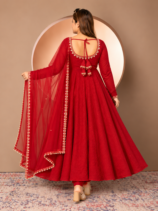 Red Anarkali Suit with Embroidered Neckline & Sheer Embellished Dupatta