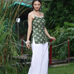 Women Olive Green Printed Sleeveless Shoulder Strap Tunic