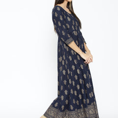 Poshak Hub Women Blue Cotton Golden Printed Anarkali Kurta.
