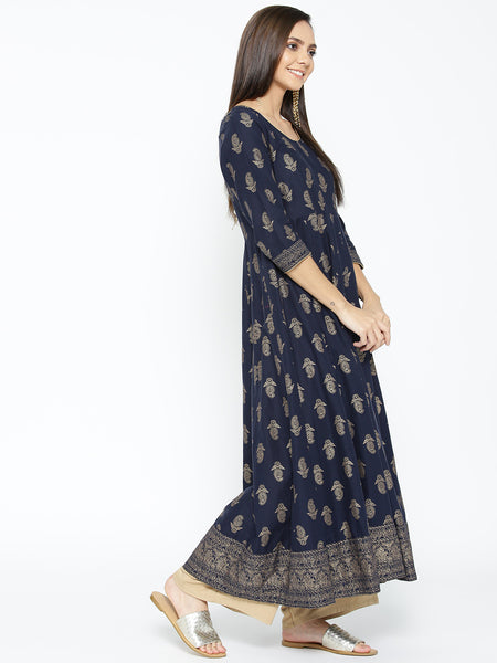 Poshak Hub Women Blue Cotton Golden Printed Anarkali Kurta.