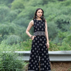 Women Black Rayon Ethnic Printed Sleeveless Top & Wide Leg Trouser Co-Ord Set | Casual Printed Co-Ord