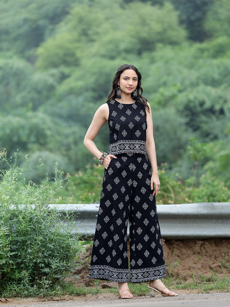 Women Black Rayon Ethnic Printed Sleeveless Top & Wide Leg Trouser Co-Ord Set | Casual Printed Co-Ord
