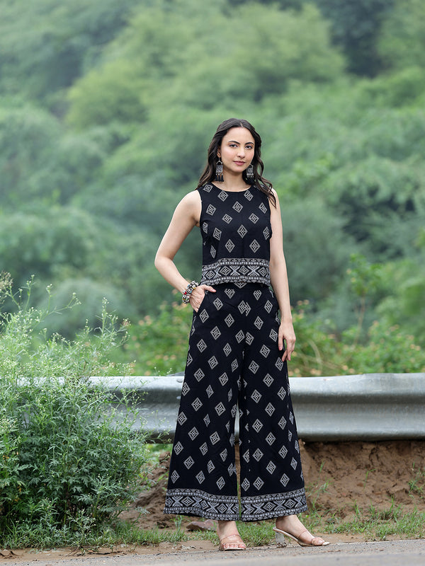 Women Black Rayon Ethnic Printed Sleeveless Top & Wide Leg Trouser Co-Ord Set | Casual Printed Co-Ord