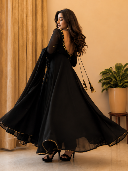 Midnight Black Embellished Anarkali Suit Set for Women