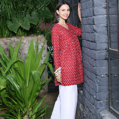 Women Red Ethnic Printed V-Neck Flared Tunic