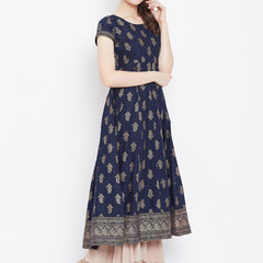Poshak Hub Women Blue Cotton Golden Printed Anarkali Kurta.