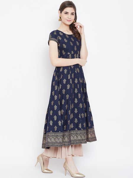 Poshak Hub Women Blue Cotton Golden Printed Anarkali Kurta.