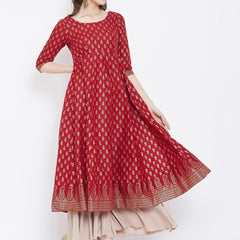 Poshak Hub Women Red Cotton Golden Printed Anarkali Kurta.