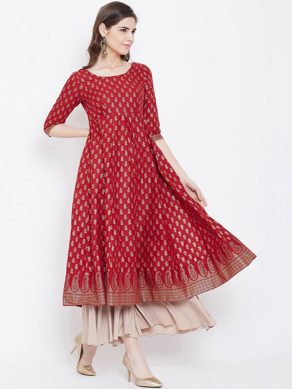 Poshak Hub Women Red Cotton Golden Printed Anarkali Kurta.