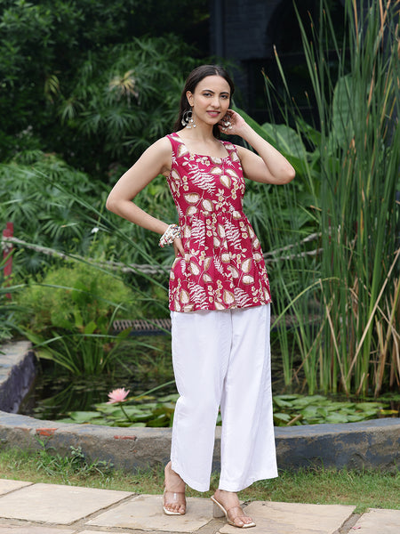 Women Pink Floral Printed Sleeveless Peplum Tunic