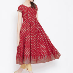 Poshak Hub Women Red Cotton Golden Printed Anarkali Kurta.