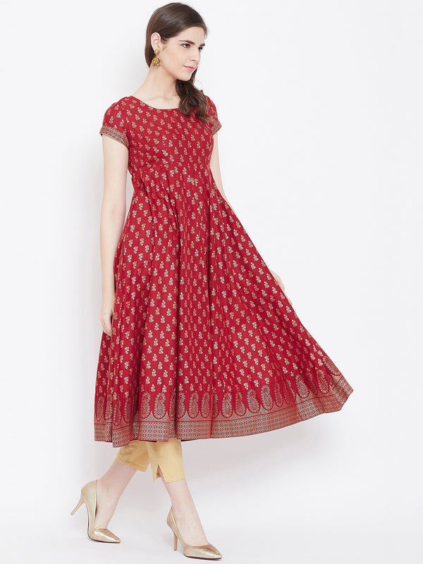 Poshak Hub Women Red Cotton Golden Printed Anarkali Kurta.