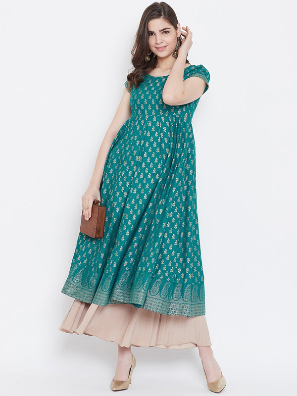 Poshak Hub Women Turquoise Cotton Golden Printed Anarkali Kurta.
